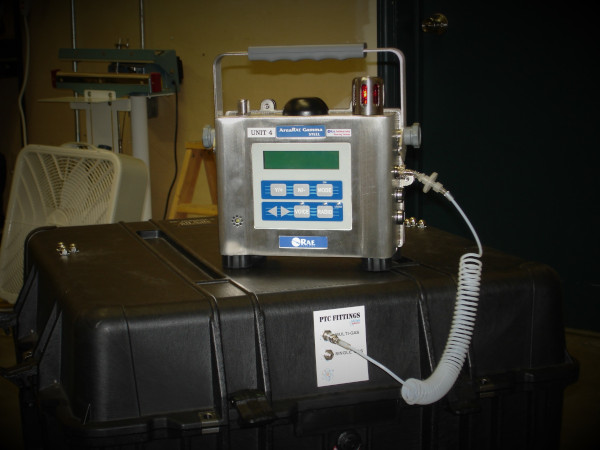 AreaRAE on a custom gas detection kit with pass-thru charging and calibration